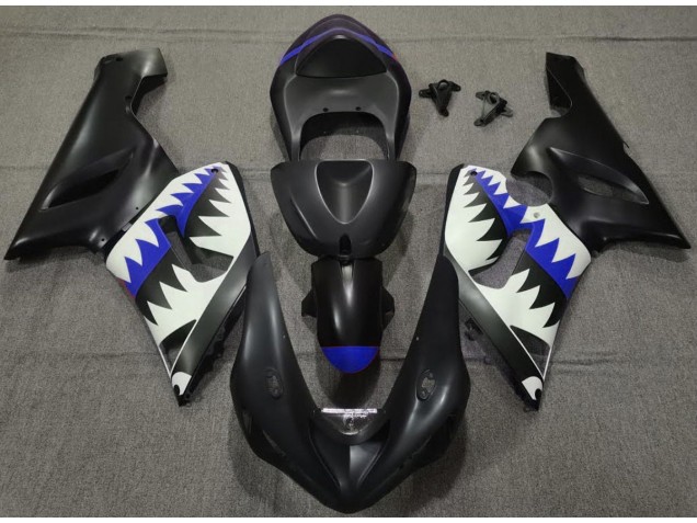 2005-2006 Matte Black and Blue Shark Kawasaki ZX6R Fairings for Sale 2005-2006 Matte Black and Blue Shark Kawasaki ZX6R Fairings for Sale