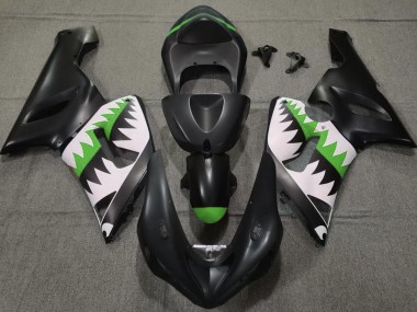 2005-2006 Matte Black and Green Shark Kawasaki ZX6R Fairings for Sale