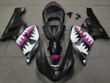 2005-2006 Matte Black and Pink Shark Kawasaki ZX6R Fairings for Sale