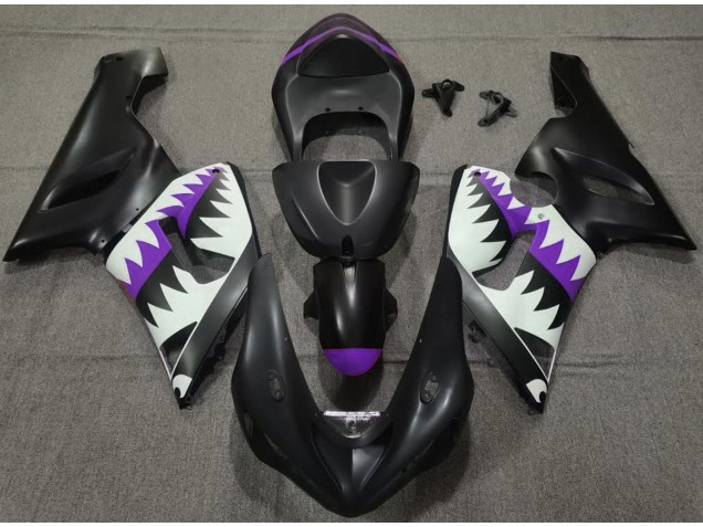 2005-2006 Matte Black and Purple Shark Kawasaki ZX6R Fairings for Sale 2005-2006 Matte Black and Purple Shark Kawasaki ZX6R Fairings for Sale
