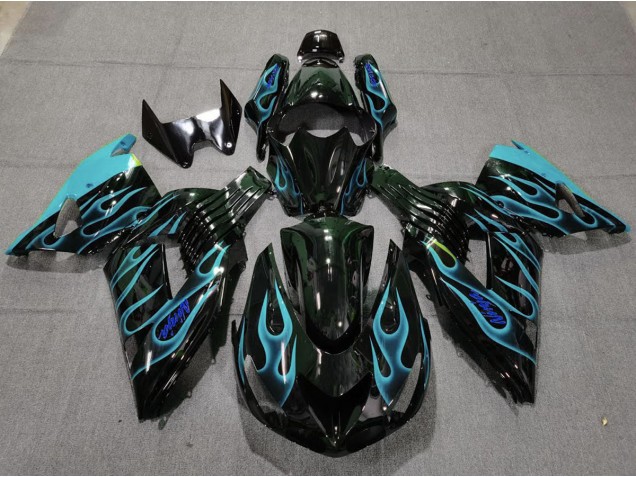 2006-2011 Light Blue Flame Kawasaki ZX14R Fairings for Sale 2006-2011 Light Blue Flame Kawasaki ZX14R Fairings for Sale